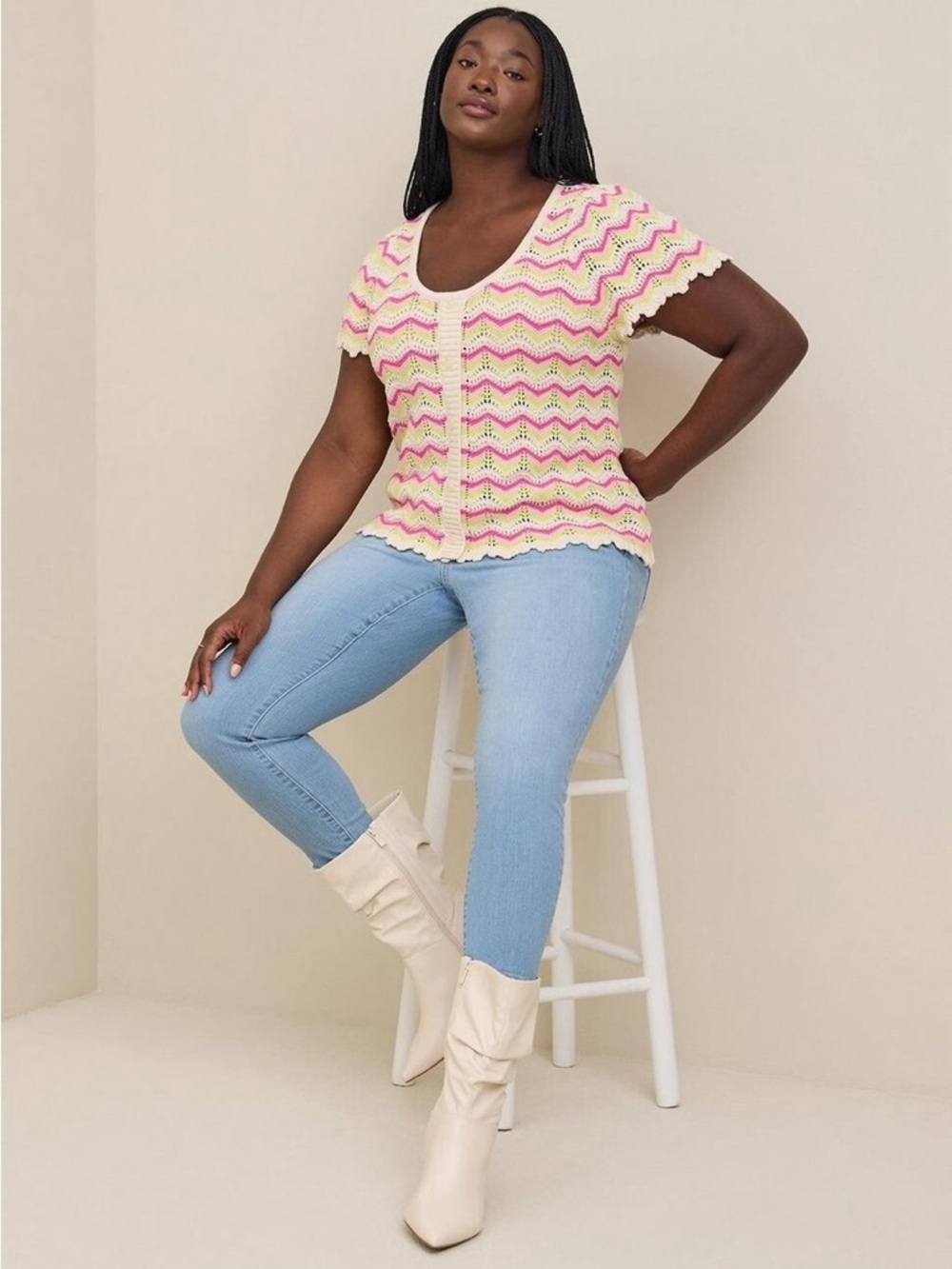 NWT Torrid Pointelle Pullover Flutter Sleeve Sweater Multi Stripe Boho Crochet